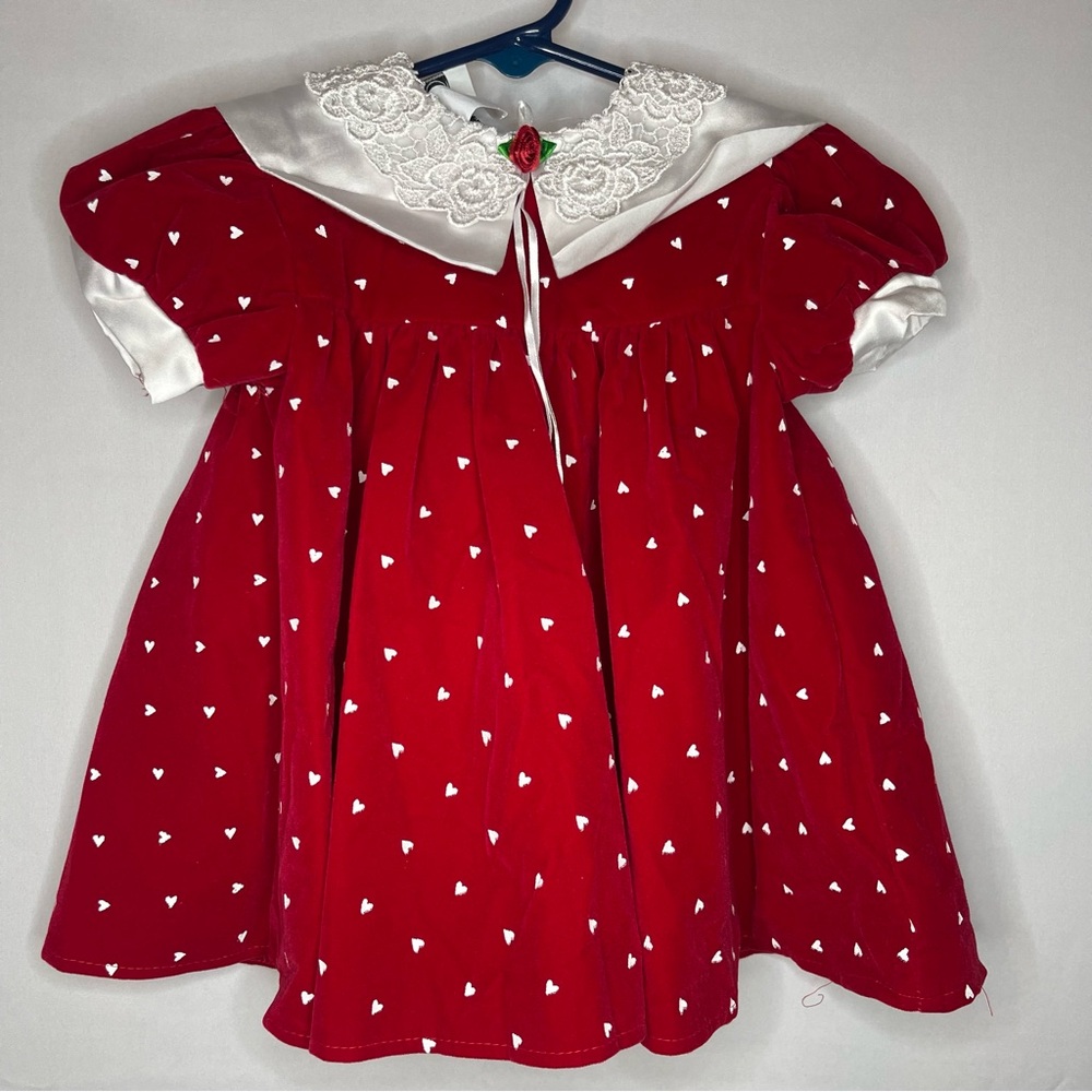 JoLene Vintage Red Dress White Hearts Print Lace Collar 12M Valentine’s Romantic